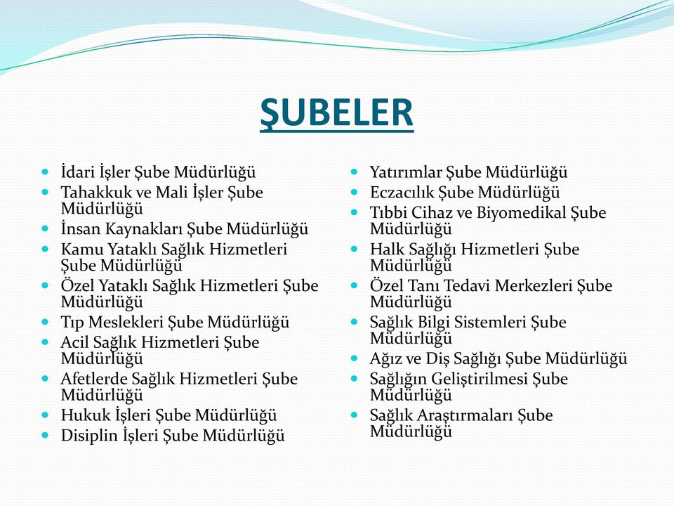 Disiplin İşleri Şube Müdürlüğü Yatırımlar Şube Müdürlüğü Eczacılık Şube Müdürlüğü Tıbbi Cihaz ve Biyomedikal Şube Müdürlüğü Halk Sağlığı Hizmetleri Şube Müdürlüğü Özel Tanı