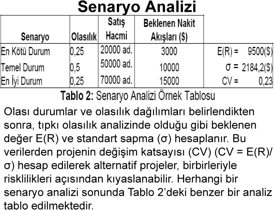 Bu verilerden projenin değişim katsayısı (CV) (CV = E(R)/ σ) hesap edilerek alternatif projeler,