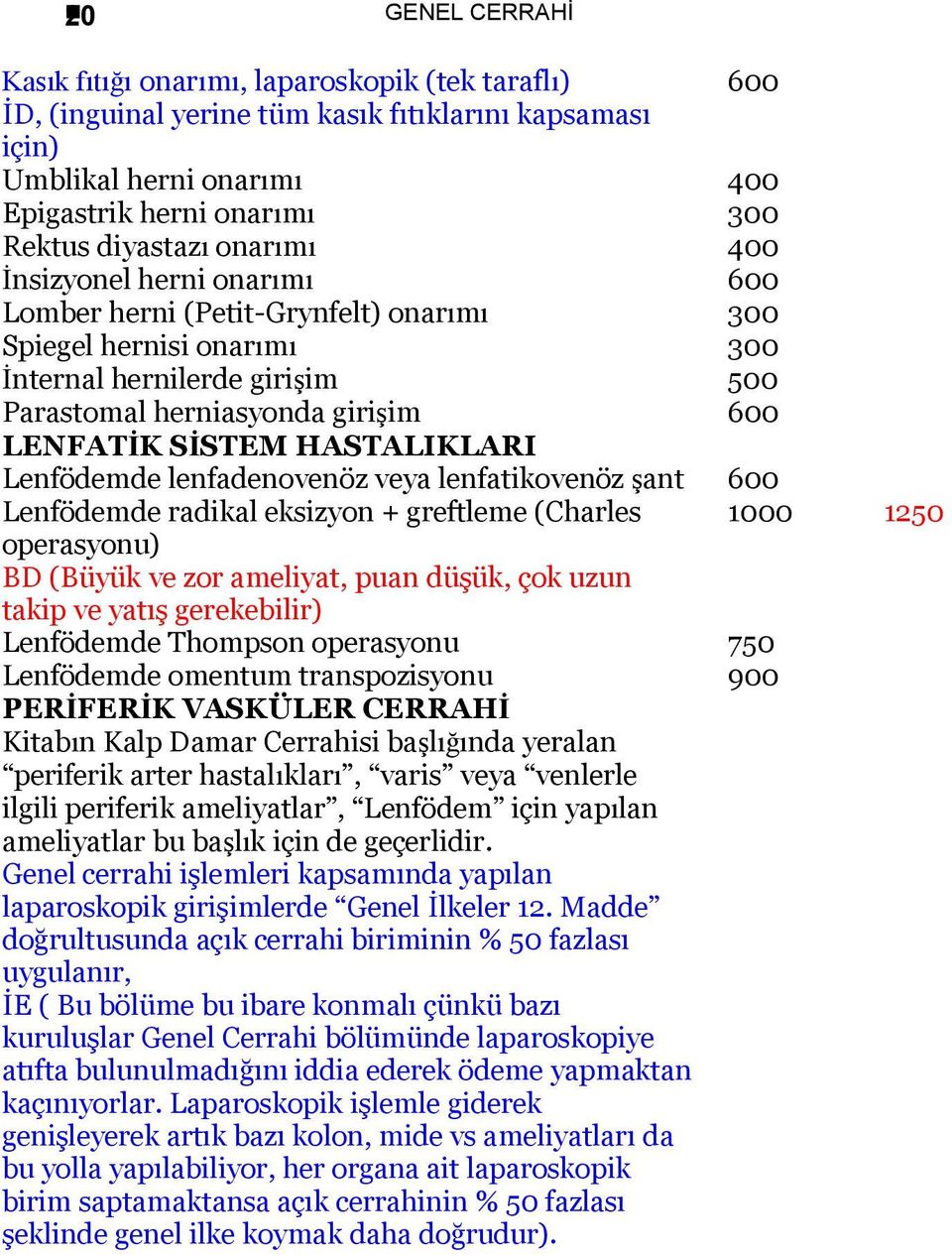 Lenfödemde lenfadenovenöz veya lenfatikovenöz şant 600 Lenfödemde radikal eksizyon + greftleme (Charles 1000 1250 operasyonu) BD (Büyük ve zor ameliyat, puan düşük, çok uzun takip ve yatış