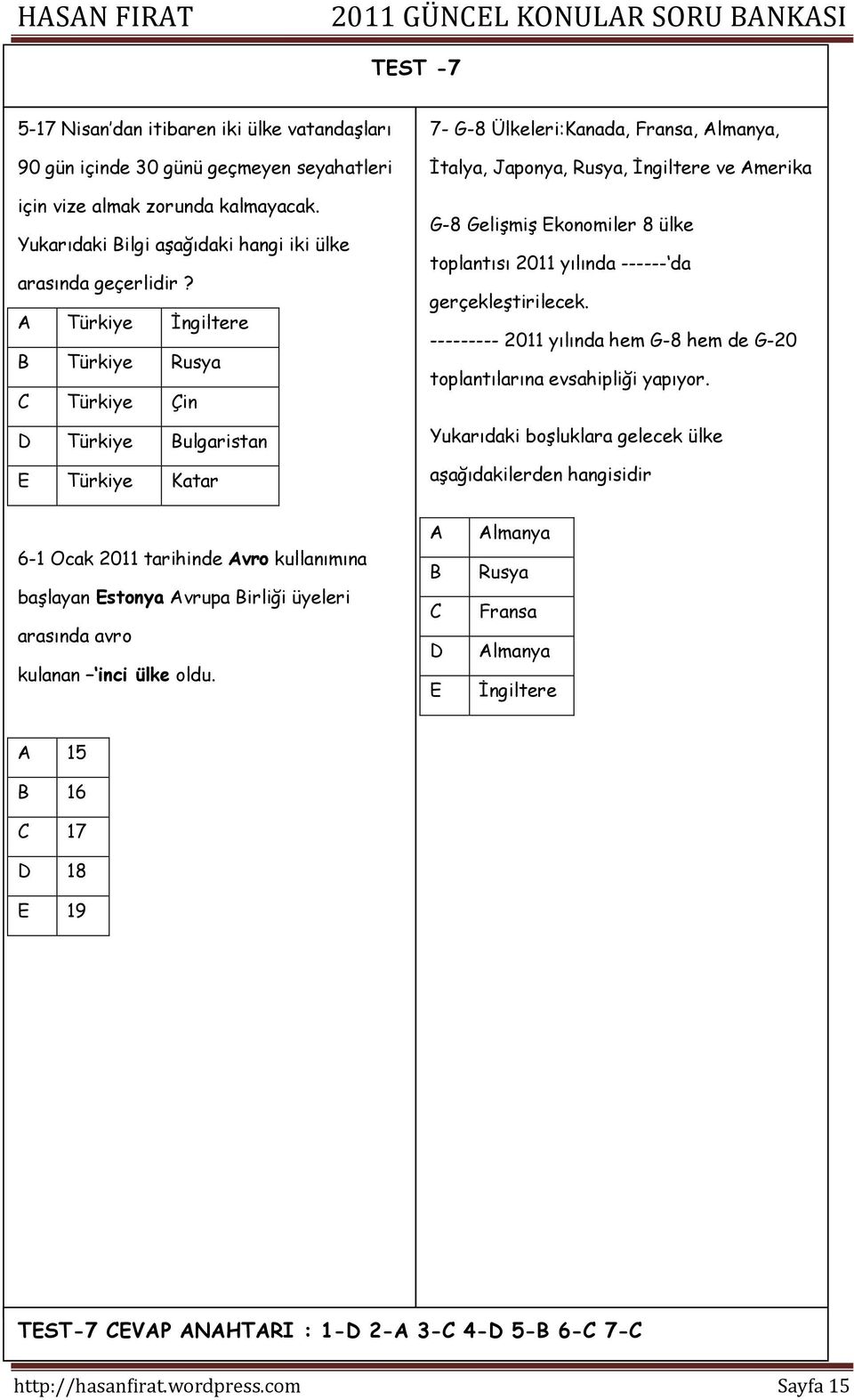 Türkiye İngiltere Türkiye Rusya Türkiye Çin Türkiye ulgaristan Türkiye Katar 7- G-8 Ülkeleri:Kanada, Fransa, lmanya, İtalya, Japonya, Rusya, İngiltere ve merika G-8 Gelişmiş konomiler 8 ülke