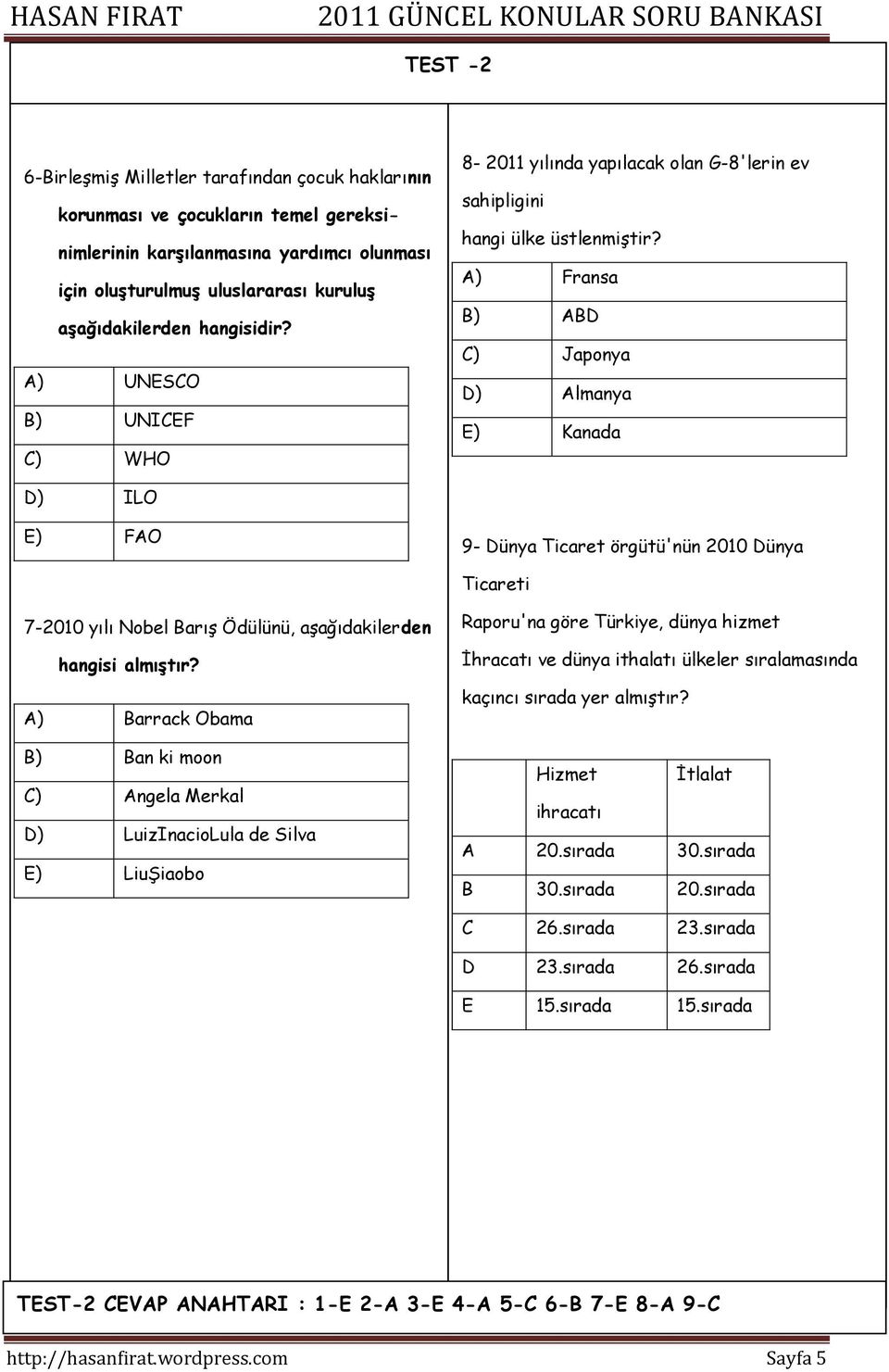 ) Fransa ) ) Japonya ) lmanya ) Kanada ) ILO ) FO 9- ünya Ticaret örgütü'nün 2010 ünya Ticareti 7-2010 yılı Nobel arış Ödülünü, aşağıdakilerden hangisi almıģtır?