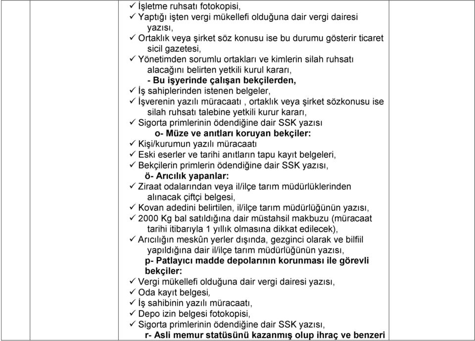 sözkonusu ise silah ruhsatı talebine yetkili kurur kararı, Sigorta primlerinin ödendiğine dair SSK yazısı o- Müze ve anıtları koruyan bekçiler: Kişi/kurumun yazılı müracaatı Eski eserler ve tarihi