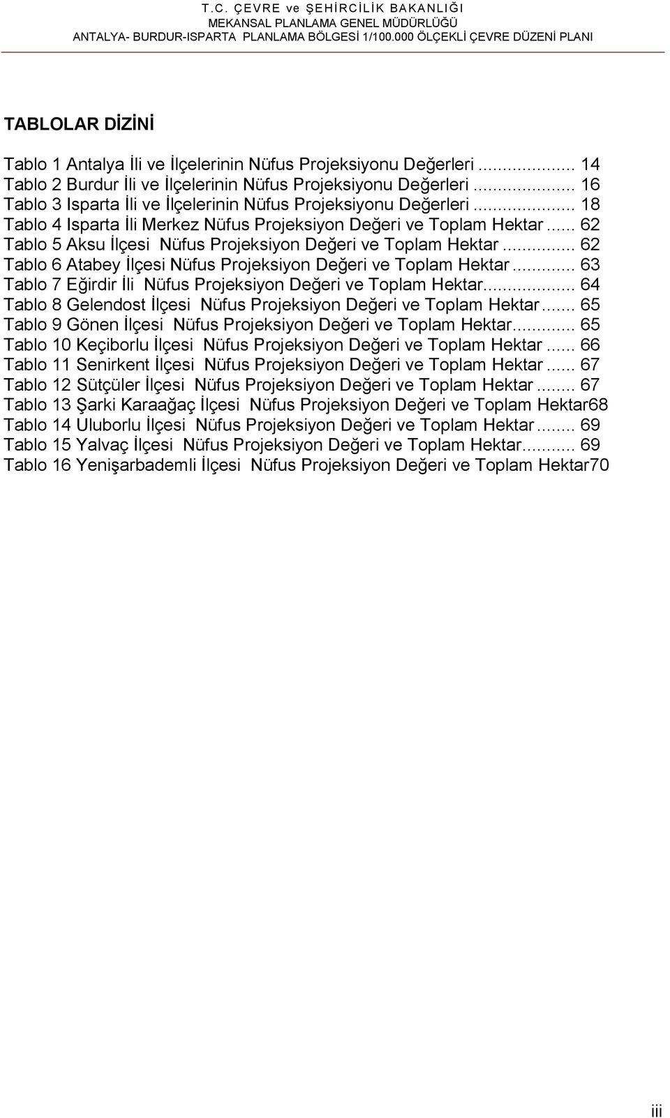 .. 18 Tablo 4 Isparta İli Merkez Nüfus Projeksiyon Değeri ve Toplam Hektar... 62 Tablo 5 Aksu İlçesi Nüfus Projeksiyon Değeri ve Toplam Hektar.