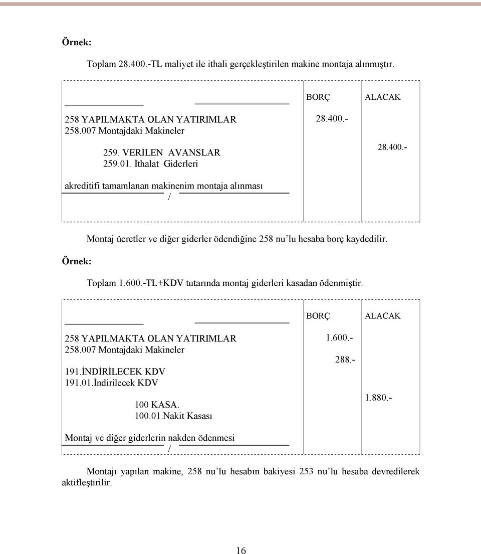 -TL+KDV tutarında montaj giderleri kasadan ödenmiştir. 258 YAPILMAKTA OLAN YATIRIMLAR 258.007 Montajdaki Makineler 191.İNDİRİLECEK KDV 191.01.