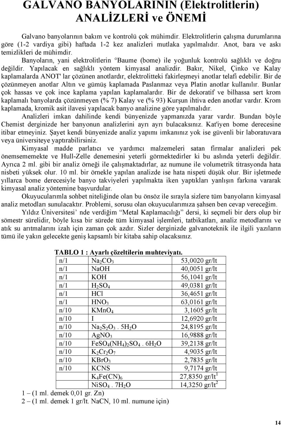 Banyoların, yani elektrolitlerin Baume (bome) ile yo unluk kontrolü sa lıklı ve do ru de ildir. Yapılacak en sa lıklı yöntem kimyasal analizdir.