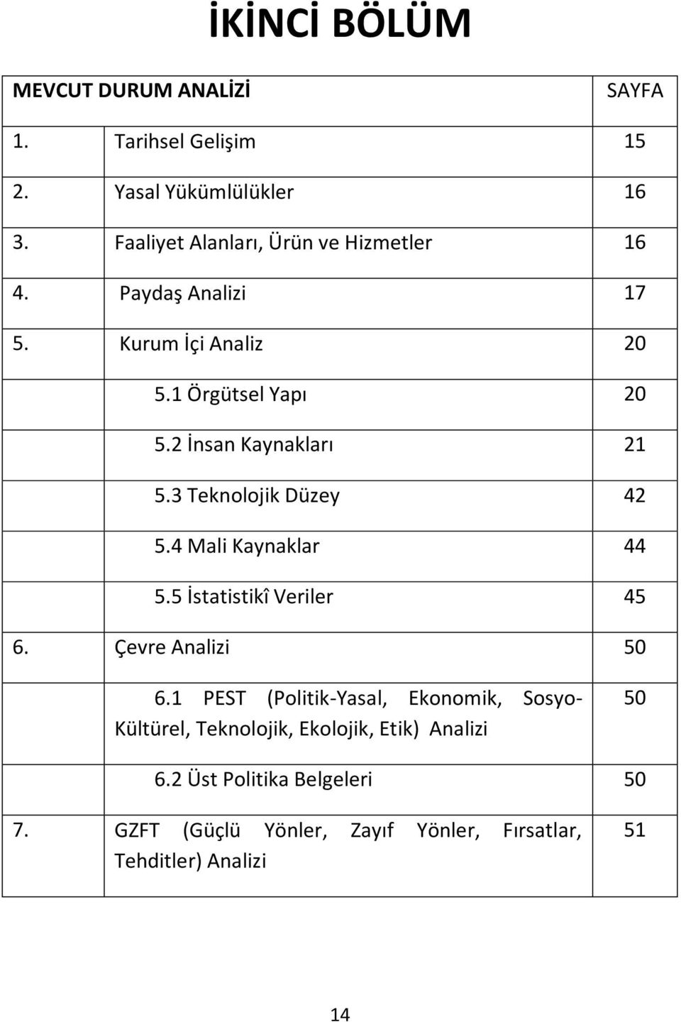 2 İnsan Kaynakları 21 5.3 Teknolojik Düzey 42 5.4 Mali Kaynaklar 44 5.5 İstatistikî Veriler 45 6. Çevre Analizi 50 6.