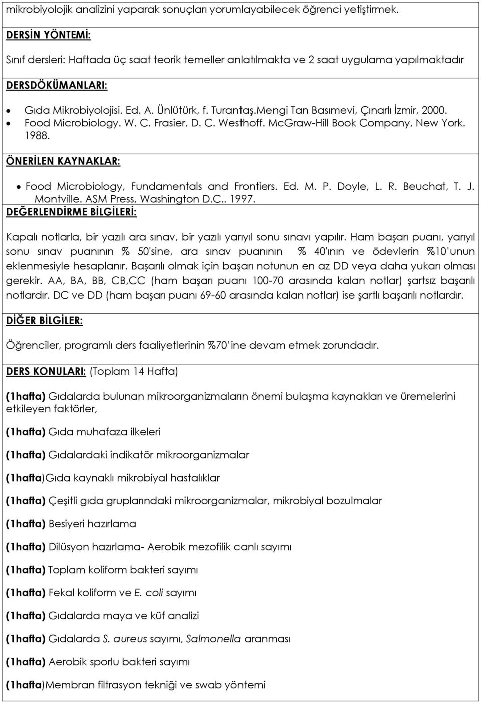 Mengi Tan Basımevi, Çınarlı İzmir, 2000. Food Microbiology. W. C. Frasier, D. C. Westhoff. McGraw-Hill Book Company, New York. 1988. Food Microbiology, Fundamentals and Frontiers. Ed. M. P. Doyle, L.