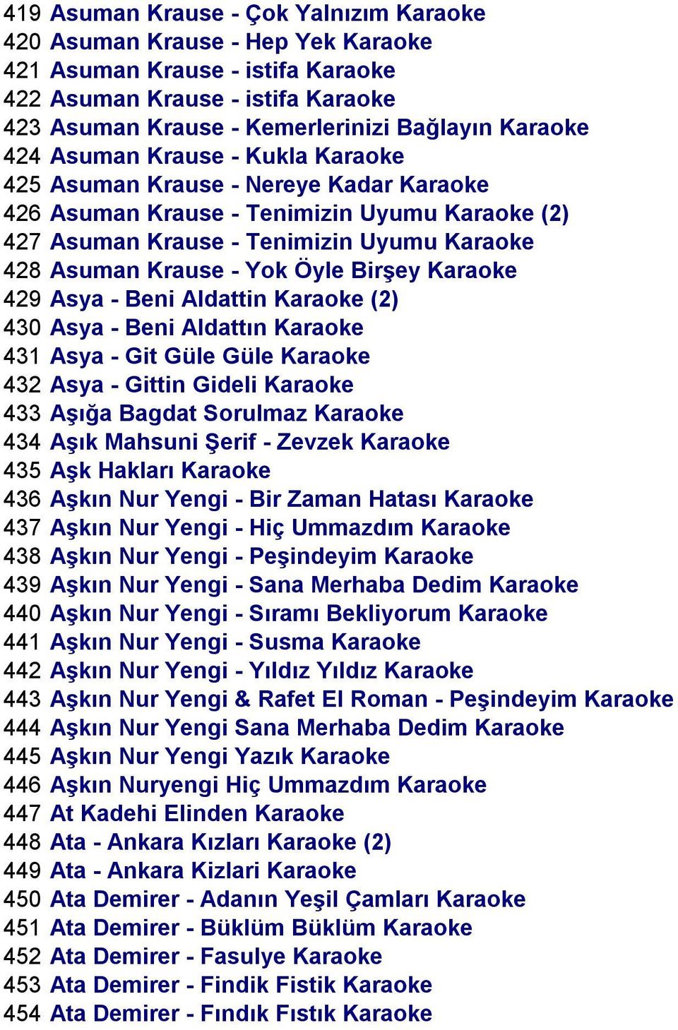 Birşey Karaoke 429 Asya - Beni Aldattin Karaoke (2) 430 Asya - Beni Aldattın Karaoke 431 Asya - Git Güle Güle Karaoke 432 Asya - Gittin Gideli Karaoke 433 Aşığa Bagdat Sorulmaz Karaoke 434 Aşık