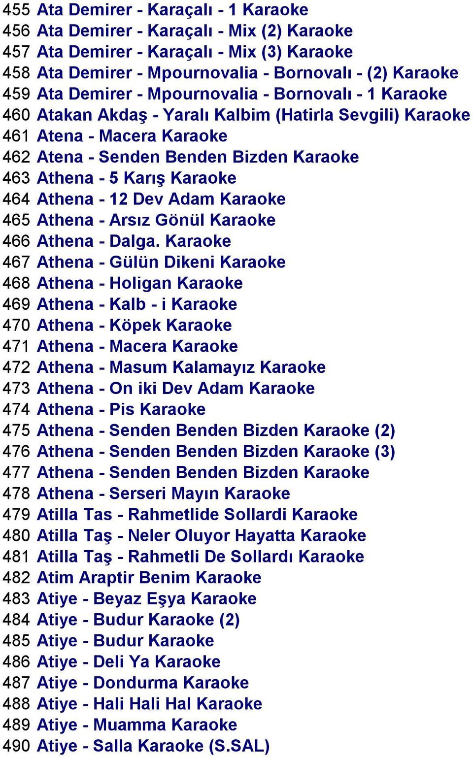 Karaoke 464 Athena - 12 Dev Adam Karaoke 465 Athena - Arsız Gönül Karaoke 466 Athena - Dalga.