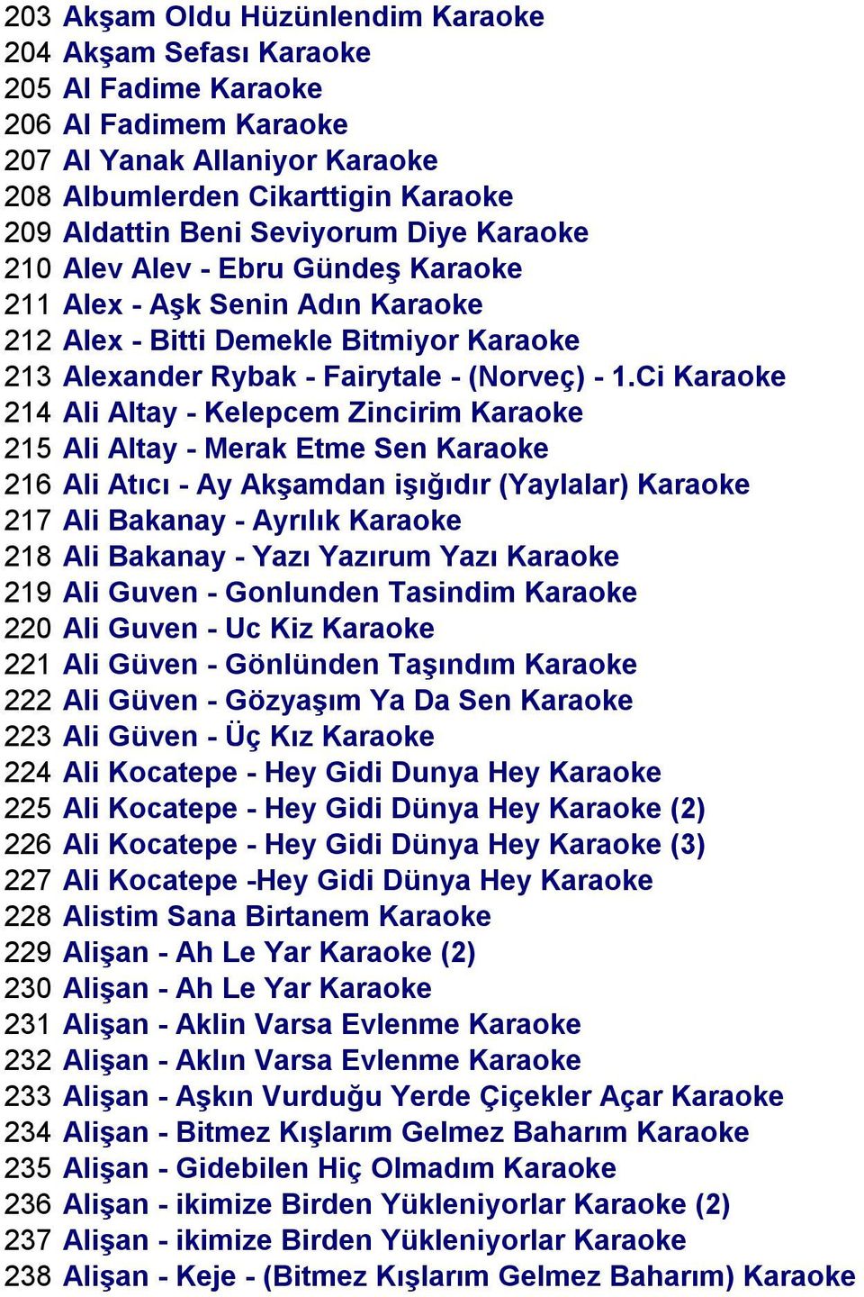 Ci Karaoke 214 Ali Altay - Kelepcem Zincirim Karaoke 215 Ali Altay - Merak Etme Sen Karaoke 216 Ali Atıcı - Ay Akşamdan işığıdır (Yaylalar) Karaoke 217 Ali Bakanay - Ayrılık Karaoke 218 Ali Bakanay -