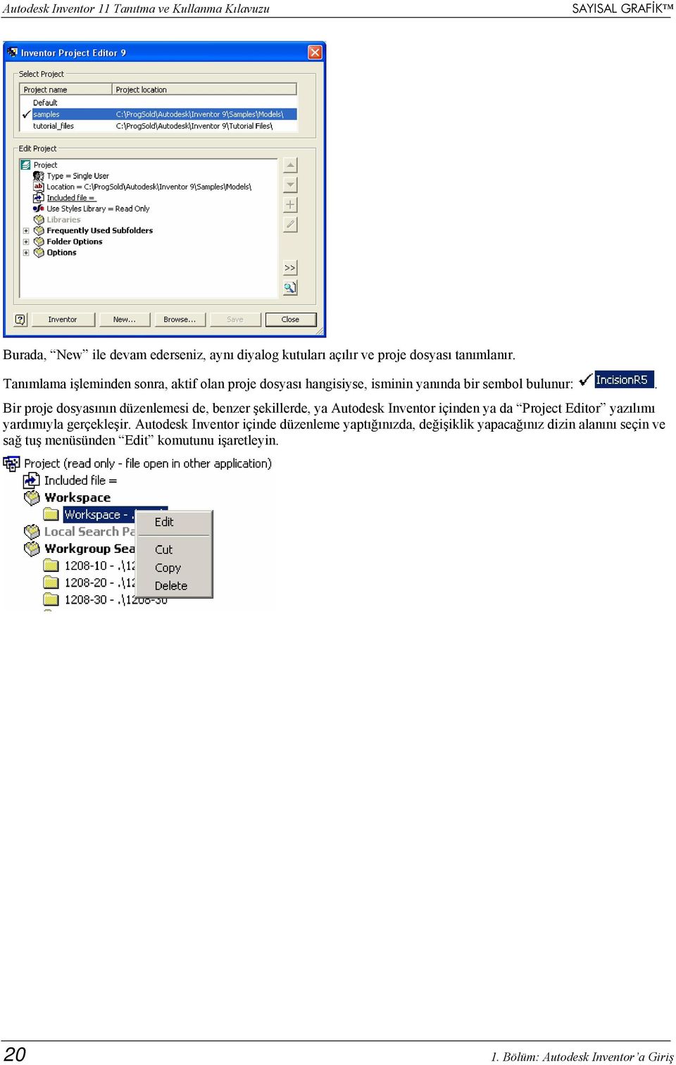 Bir proje dosyasının düzenlemesi de, benzer şekillerde, ya Autodesk Inventor içinden ya da Project Editor yazılımı yardımıyla gerçekleşir.