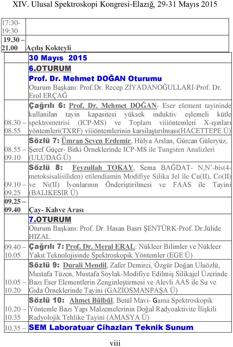 karsilaştırılması(hacettepe Ü) Sözlü 7: Ümran Seven Erdemir, Hülya Arslan, Gürcan Güleryüz, Şeref Güçer- Bitki Örneklerinde ICP-MS ile Tungsten Analizleri (ULUDAĞ Ü) Sözlü 8: Feyzullah TOKAY, Sema