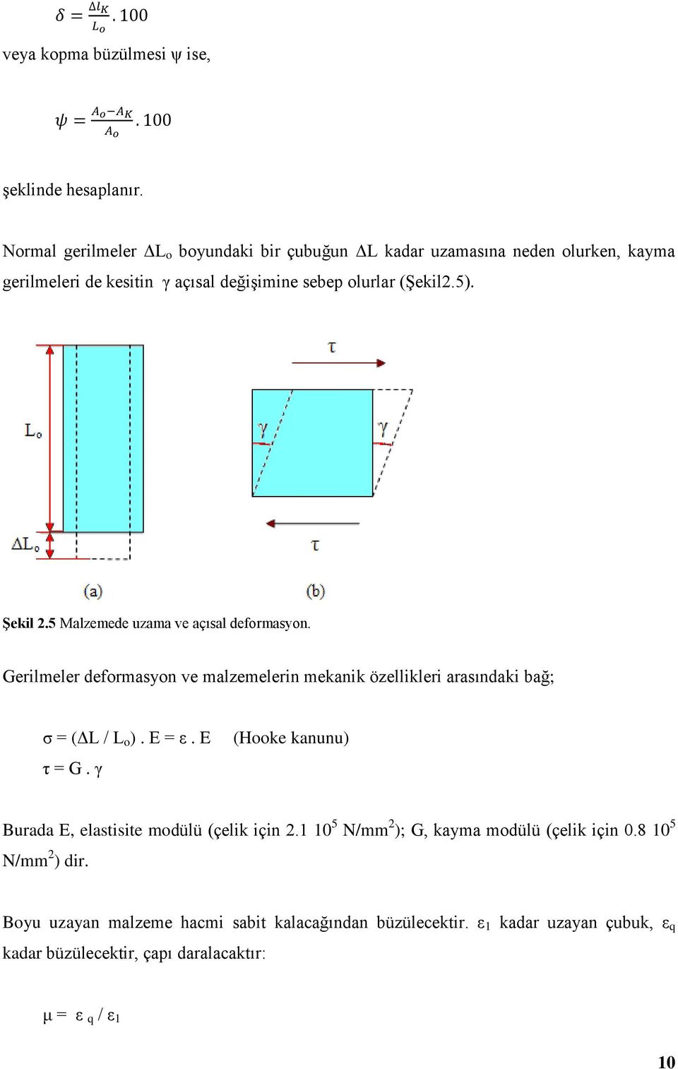 Şekil.5 Malzemede uzama ve açısal deformasyon. Gerilmeler deformasyon ve malzemelerin mekanik özellikleri arasındaki bağ; σ = (ΔL / L o ). E = ε. E τ = G.