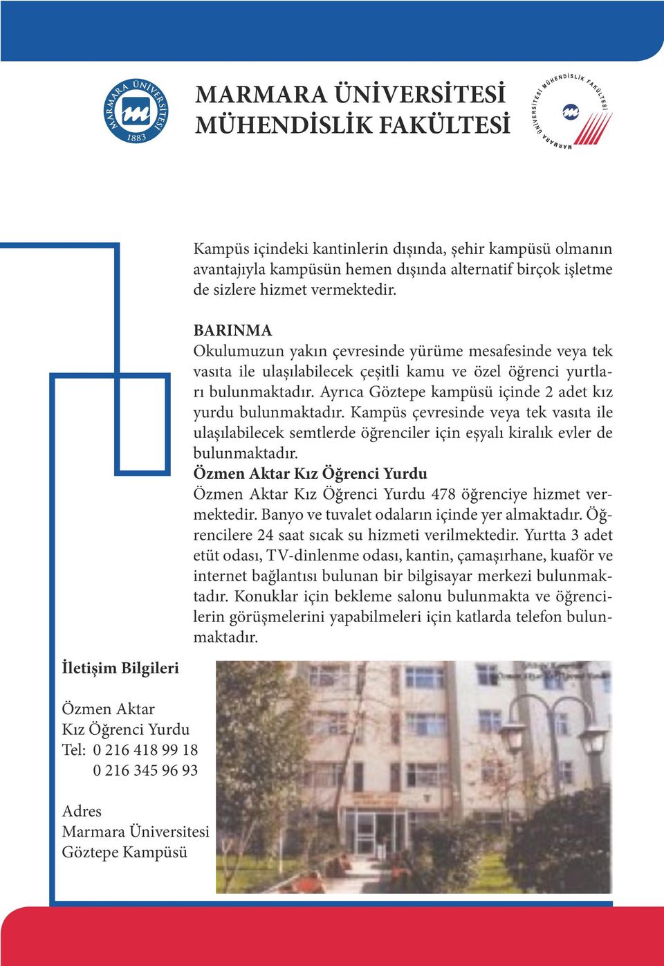 Ayrıca Göztepe kampüsü içinde 2 adet kız yurdu bulunmaktadır. Kampüs çevresinde veya tek vasıta ile ulaşılabilecek semtlerde öğrenciler için eşyalı kiralık evler de bulunmaktadır.