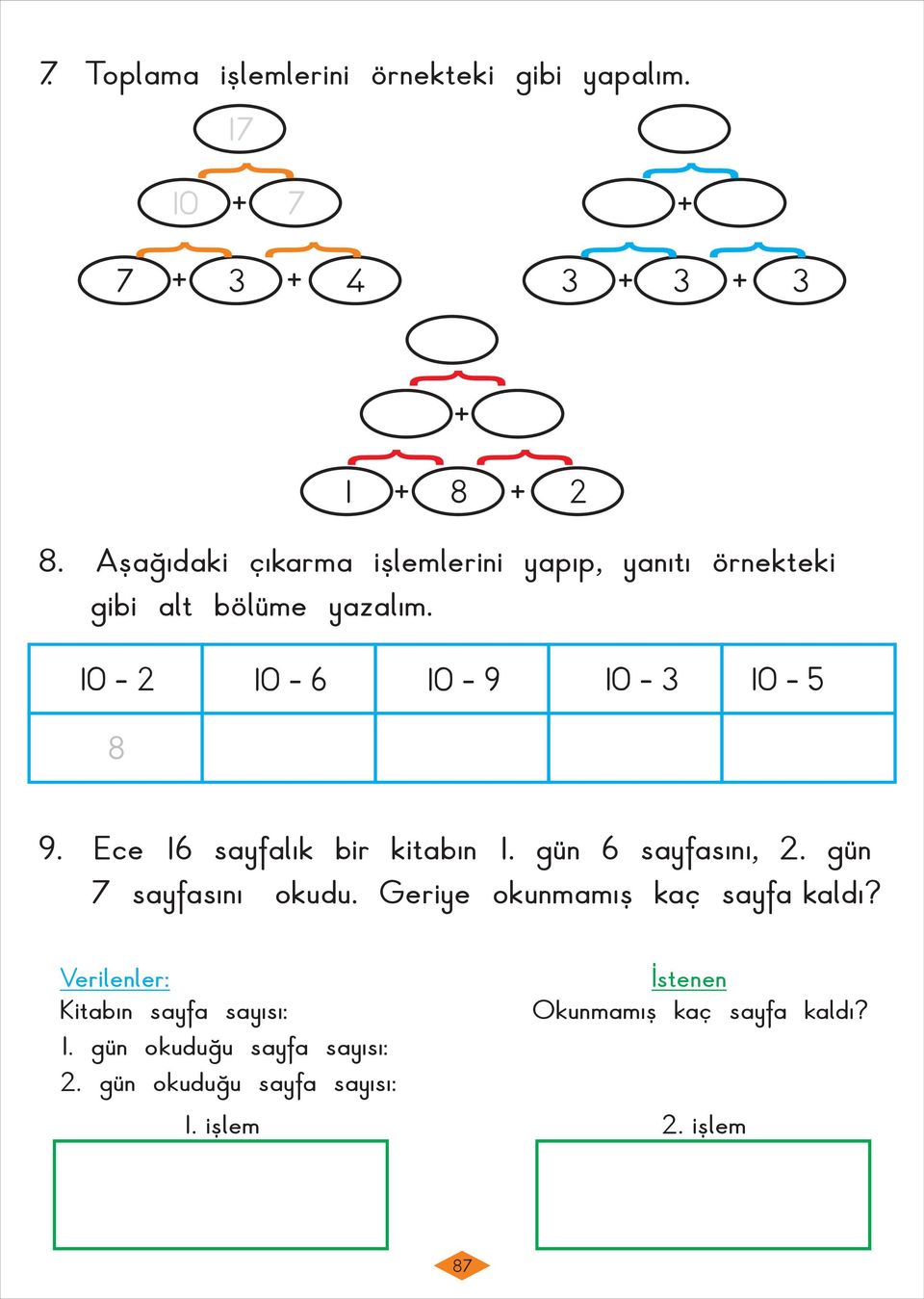 Ece 16 sayfalık bir kitabın 1. gün 6 sayfasını, 2. gün 7 sayfasını okudu. Geriye okunmamış kaç sayfa kaldı?