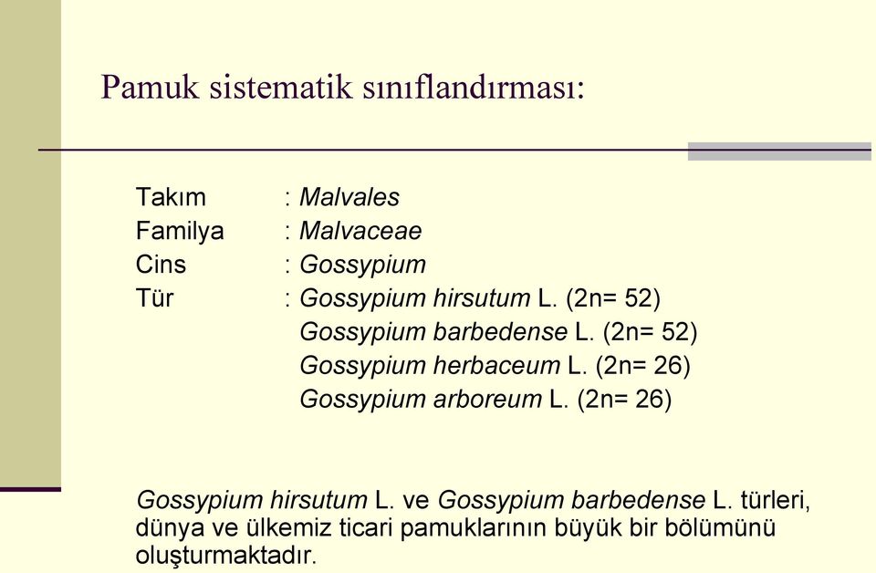 (2n= 52) Gossypium herbaceum L. (2n= 26) Gossypium arboreum L.