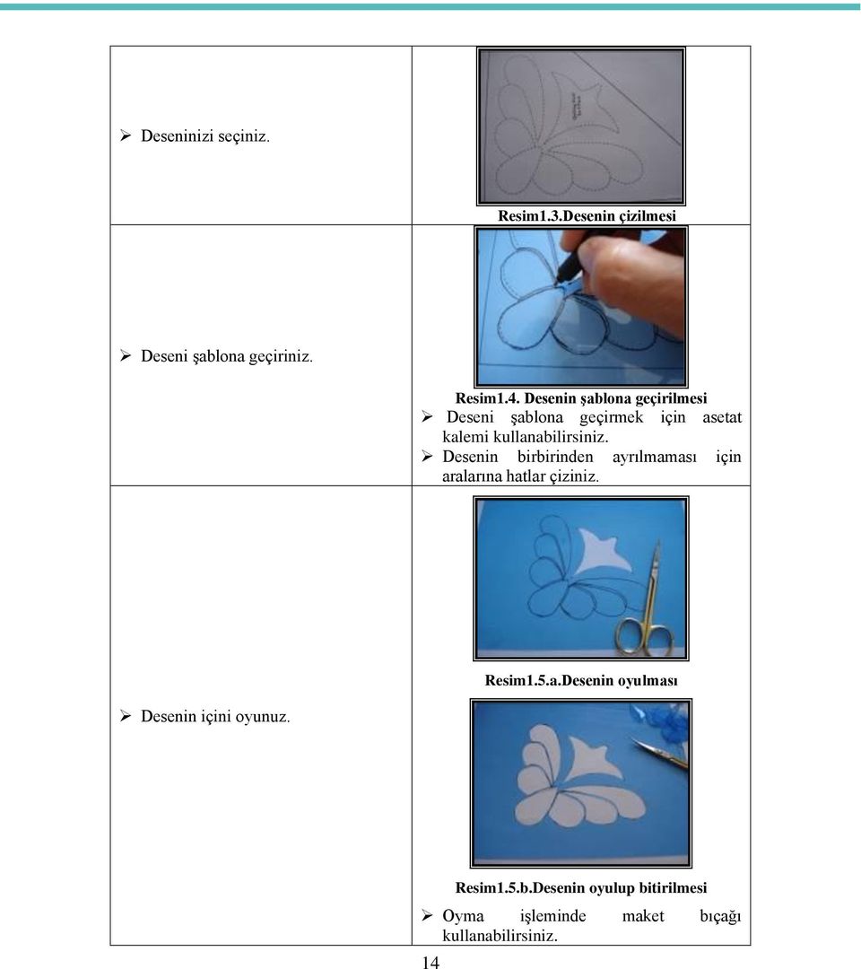 Desenin birbirinden ayrılmaması için aralarına hatlar çiziniz. Resim1.5.a.Desenin oyulması Desenin içini oyunuz.