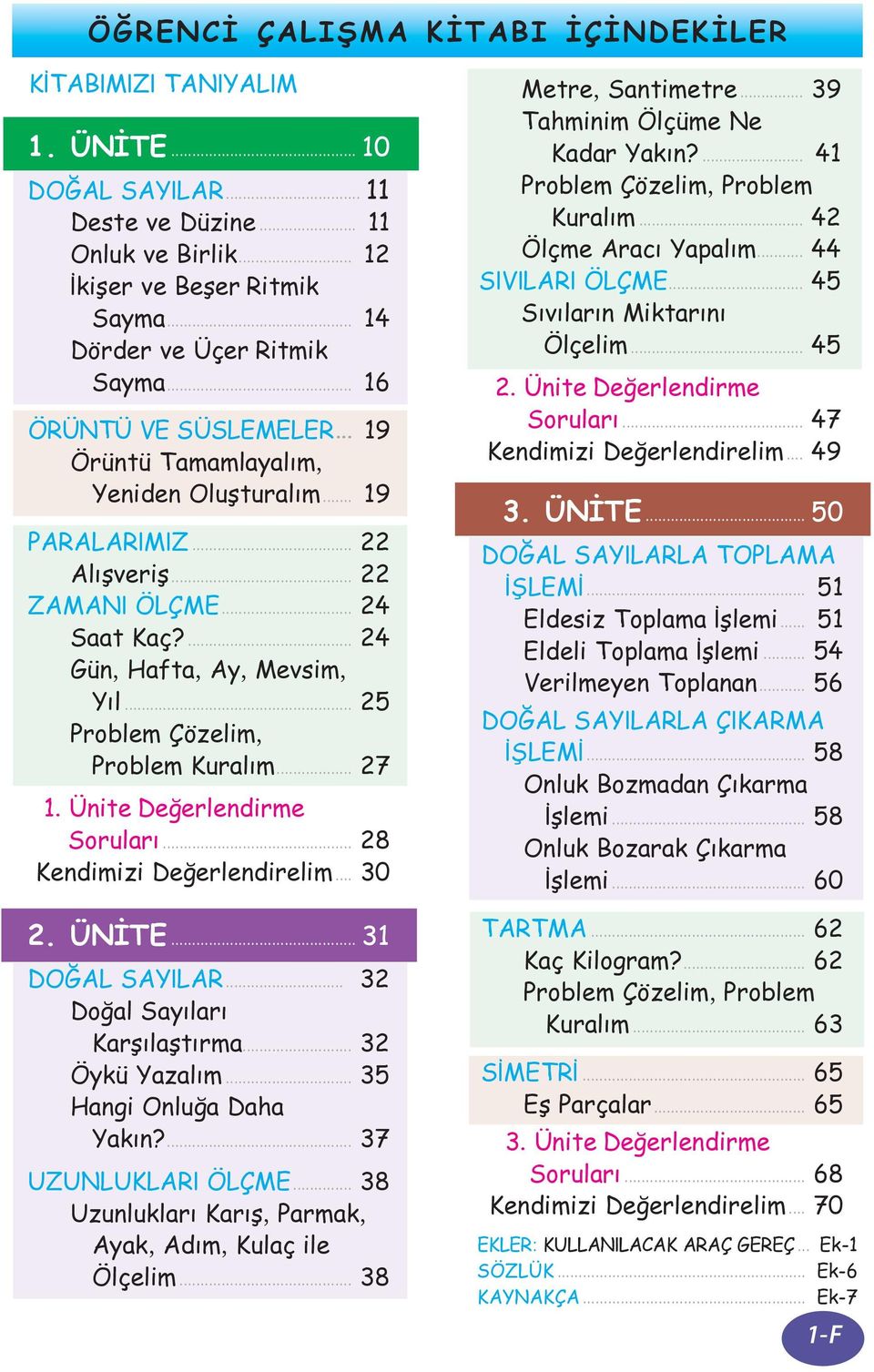 .. 24 Sa at Kaç?... 24 Gün, Haf ta, Ay, Mev sim, Yıl... 25 Prob lem Çö ze lim, Prob lem Ku ra lım... 27 1. Üni te De ğer len dir me So ru la rı... 28 Kendimizi Değerlendirelim... 30 2. ÜNİ TE.