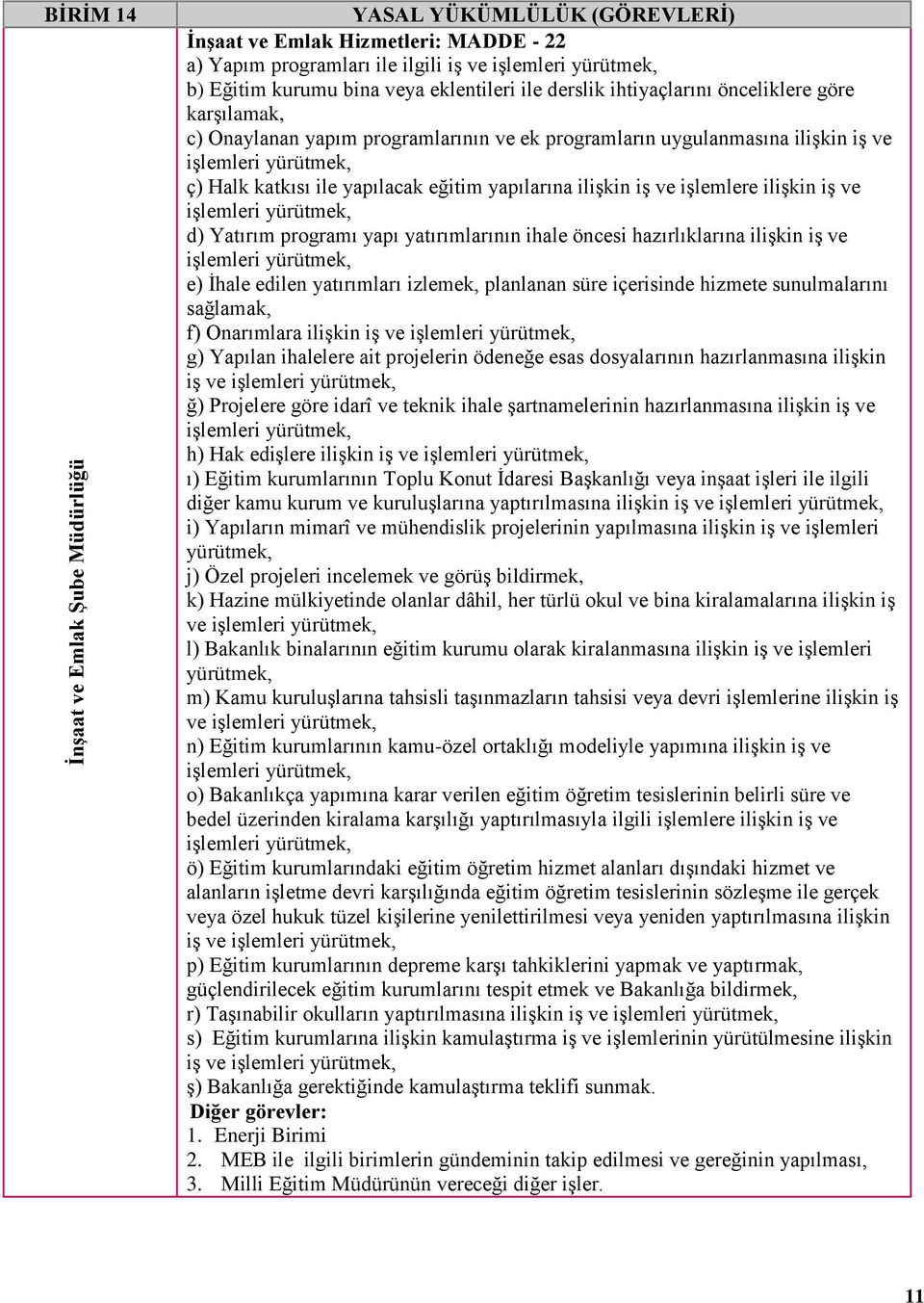 eğitim yapılarına ilişkin iş ve işlemlere ilişkin iş ve işlemleri yürütmek, d) Yatırım programı yapı yatırımlarının ihale öncesi hazırlıklarına ilişkin iş ve işlemleri yürütmek, e) İhale edilen