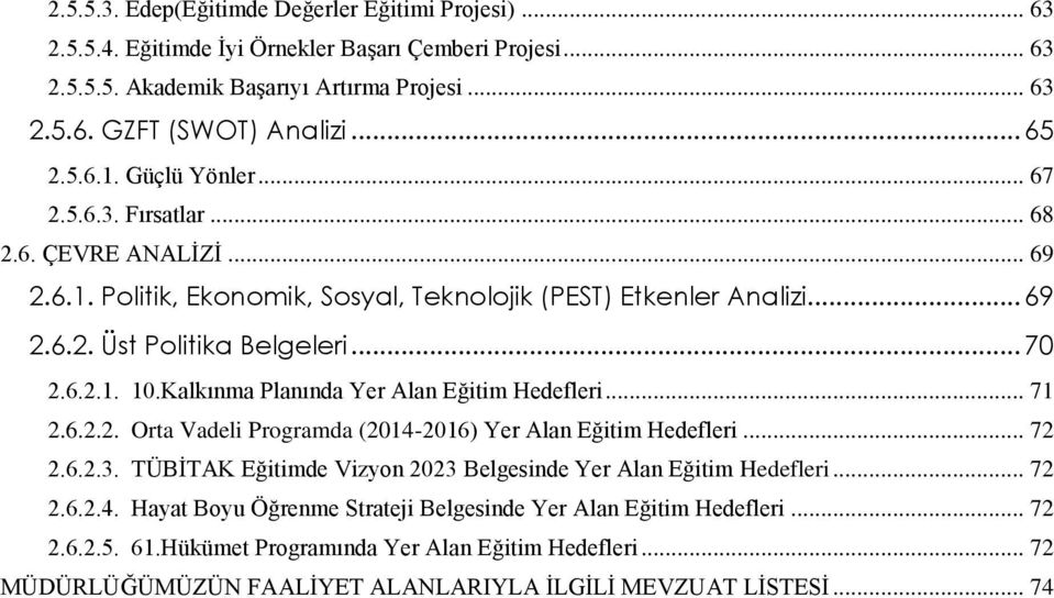 Kalkınma Planında Yer Alan Eğitim Hedefleri... 71 2.6.2.2. Orta Vadeli Programda (2014-2016) Yer Alan Eğitim Hedefleri... 72 2.6.2.3. TÜBİTAK Eğitimde Vizyon 2023 Belgesinde Yer Alan Eğitim Hedefleri.