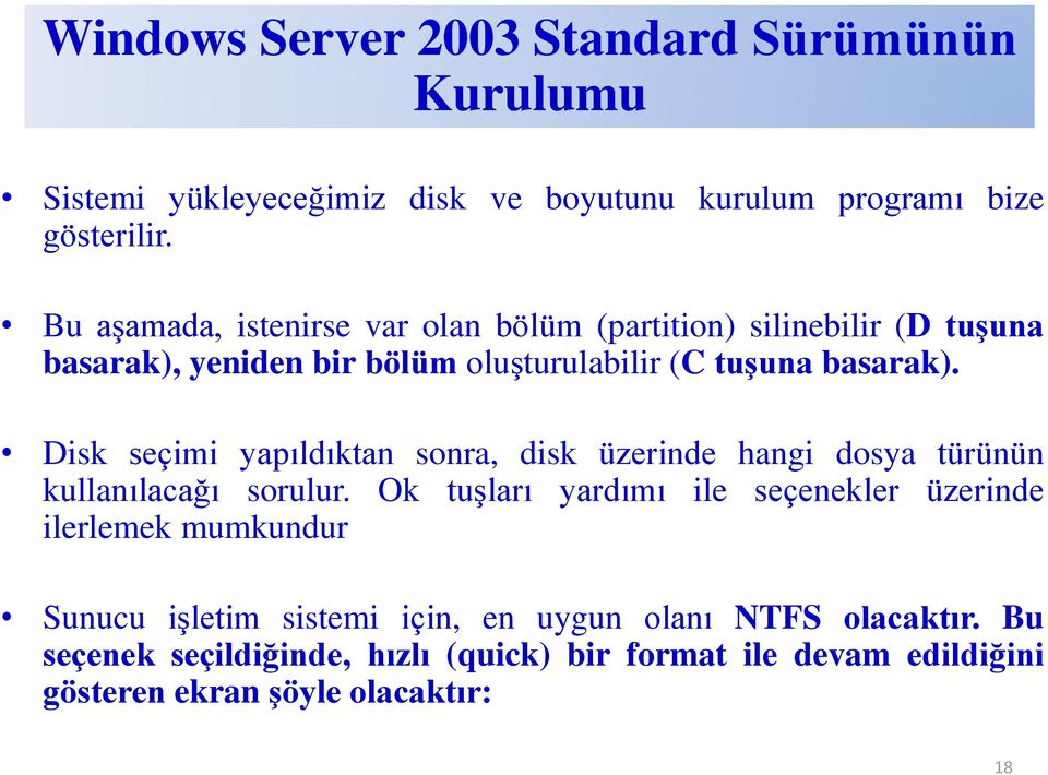 Disk seçimi yapıldıktan sonra, disk üzerinde hangi dosya türünün kullanılacağı sorulur.