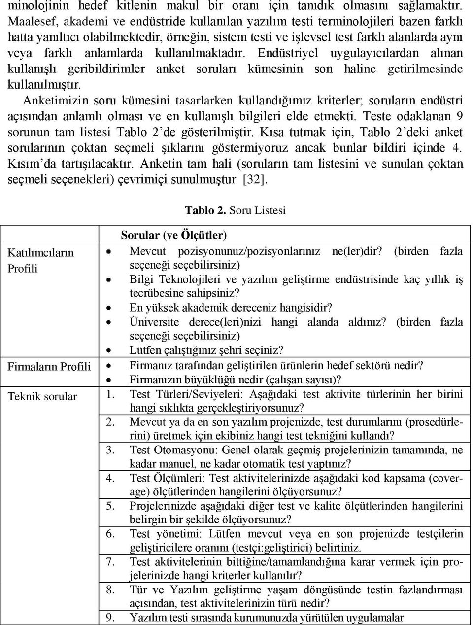 anlamlarda kullanılmaktadır. Endüstriyel uygulayıcılardan alınan kullanışlı geribildirimler anket soruları kümesinin son haline getirilmesinde kullanılmıştır.