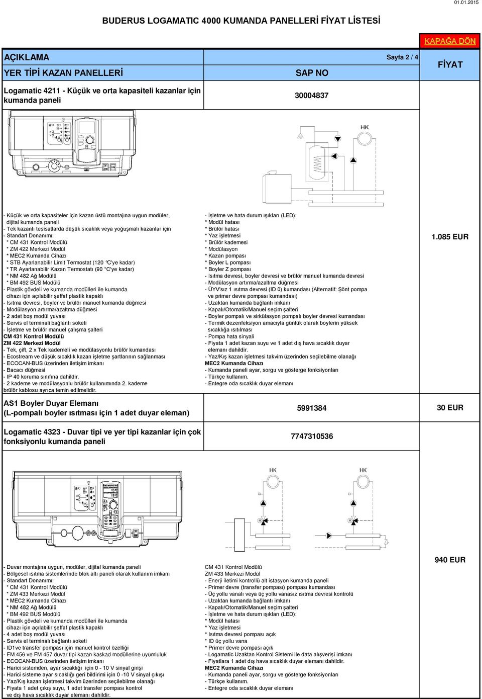 için * Brülör hatası - Standart Donanımı: * Yaz işletmesi * CM 431 Kontrol Modülü * Brülör kademesi * ZM 422 Merkezi Modül * Modülasyon * MEC2 Kumanda Cihazı * Kazan pompası * STB Ayarlanabilir Limit