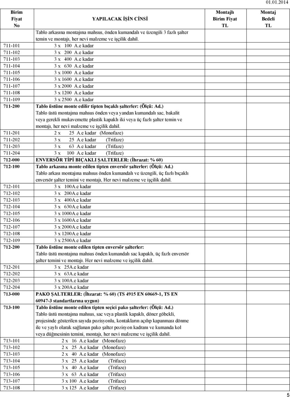 temin ve montajı, her nevi malzeme ve işçilik dahil. 3 x 100 A.e kadar 3 x 200 A.e kadar 3 x 400 A.e kadar 3 x 630 A.e kadar 3 x 1000 A.e kadar 3 x 1600 A.e kadar 3 x 2000 A.e kadar 3 x 1200 A.