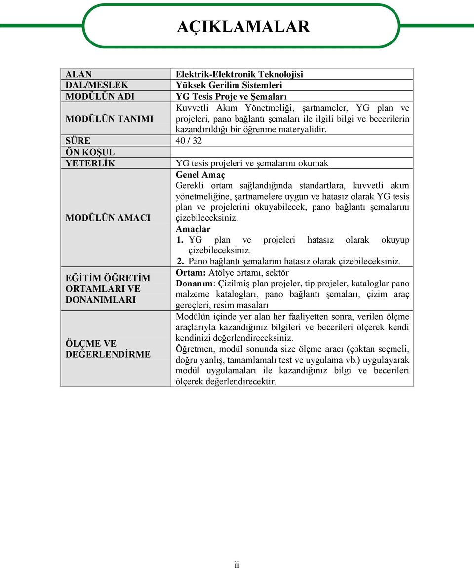 SÜRE 40 / 32 ÖN KOŞUL YETERLİK YG tesis projeleri ve şemalarını okumak Genel Amaç Gerekli ortam sağlandığında standartlara, kuvvetli akım yönetmeliğine, şartnamelere uygun ve hatasız olarak YG tesis