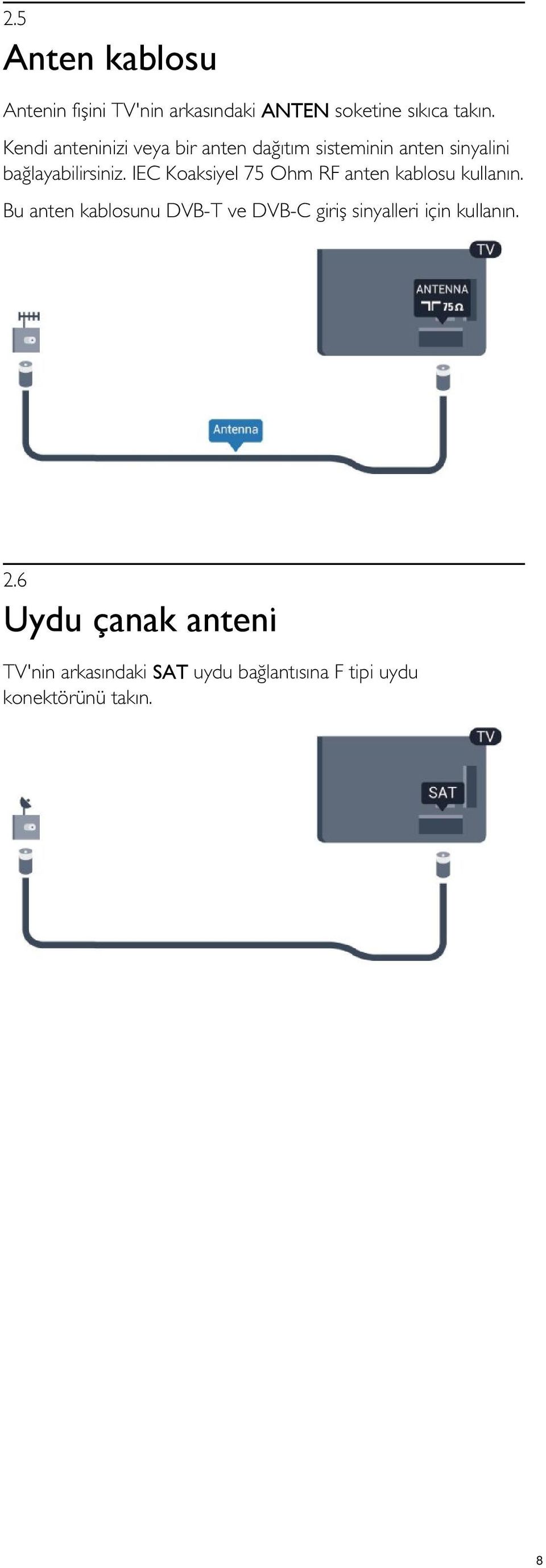 IEC Koaksiyel 75 Ohm RF anten kablosu kullanın.