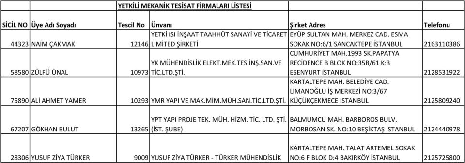 PAPATYA RECİDENCE B BLOK NO:35B/61 K:3 ESENYURT İSTANBUL 2128531922 75890 ALİ AHMET YAMER 10293 YMR YAPI VE MAK.MİM.MÜH.SAN. KARTALTEPE MAH. BELEDİYE CAD.