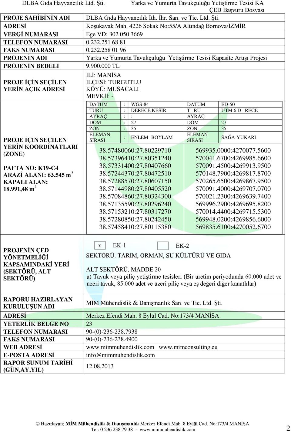 000 TL PROJE İÇİN SEÇİLEN YERİN AÇIK ADRESİ PROJE İÇİN SEÇİLEN YERİN KOORDİNATLARI (ZONE) PAFTA NO: K19-C4 ARAZİ ALANI: 63.545 m 2 KAPALI ALAN: 18.