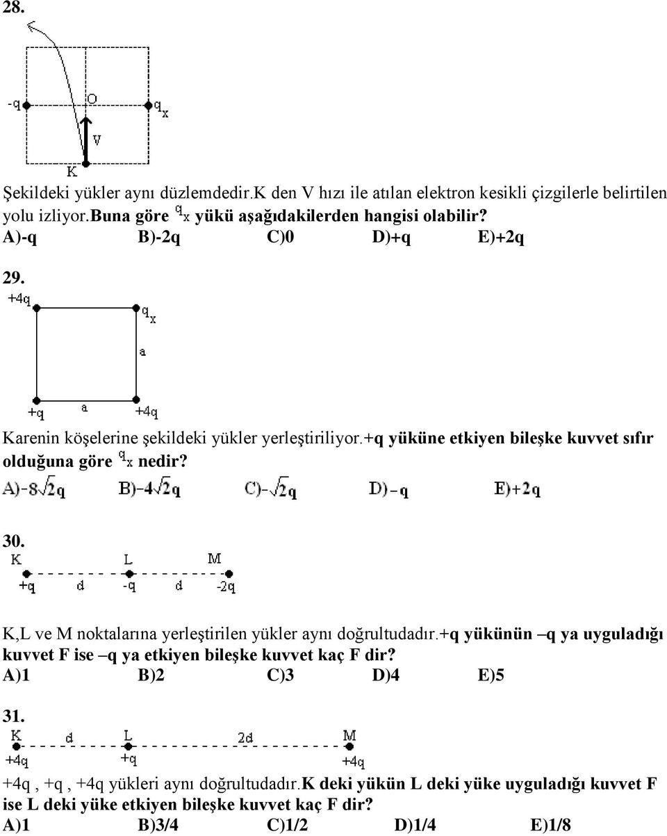 +q yüküne etkiyen bileşke kuvvet sıfır olduğuna göre nedir? 30. K,L ve M noktalarına yerleştirilen yükler aynı doğrultudadır.