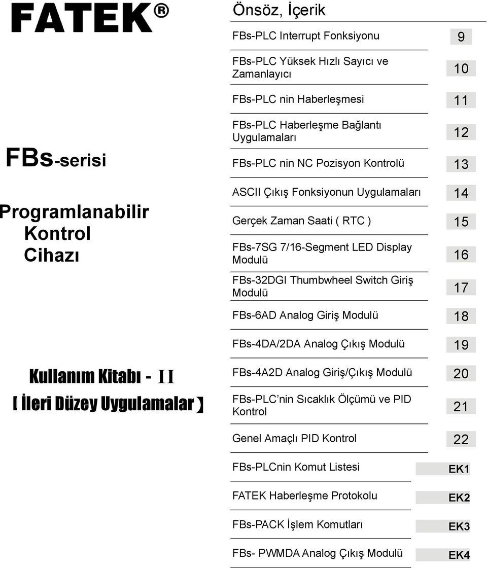 Thumbwheel Switch Giriş Modulü 17 FBs-6AD Analog Giriş Modulü 18 FBs-4DA/2DA Analog Çıkış Modulü 19 Kullanım Kitabı - II [ İleri Düzey Uygulamalar FBs-4A2D Analog Giriş/Çıkış Modulü 20
