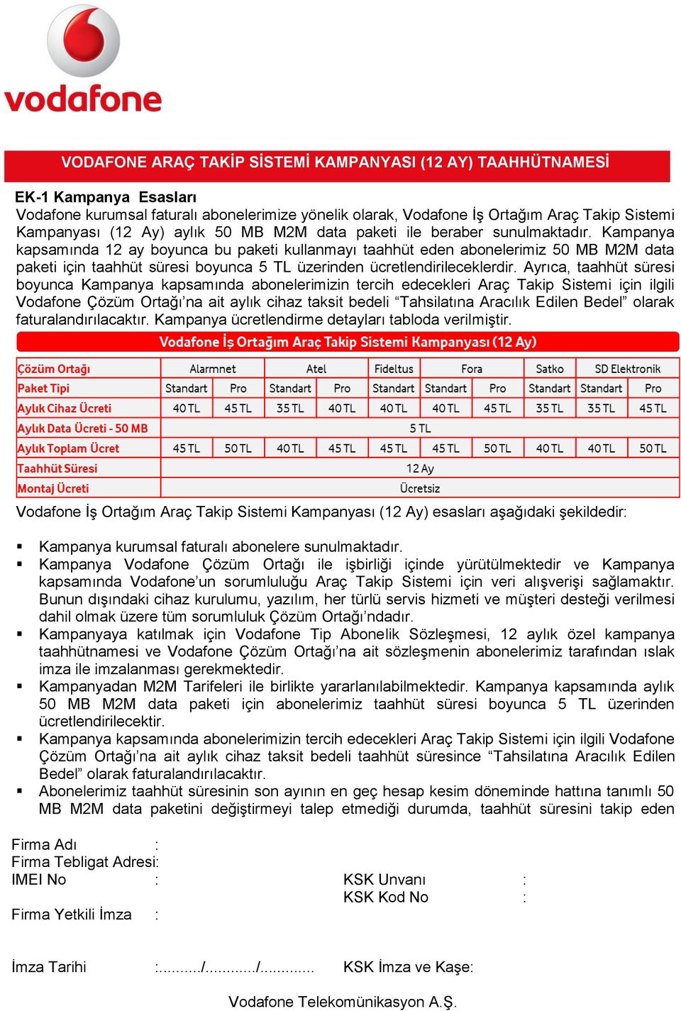 Ayrıca, taahhüt süresi boyunca Kampanya kapsamında abonelerimizin tercih edecekleri Araç Takip Sistemi için ilgili Vodafone Çözüm Ortağı na ait aylık cihaz taksit bedeli Tahsilatına Aracılık Edilen