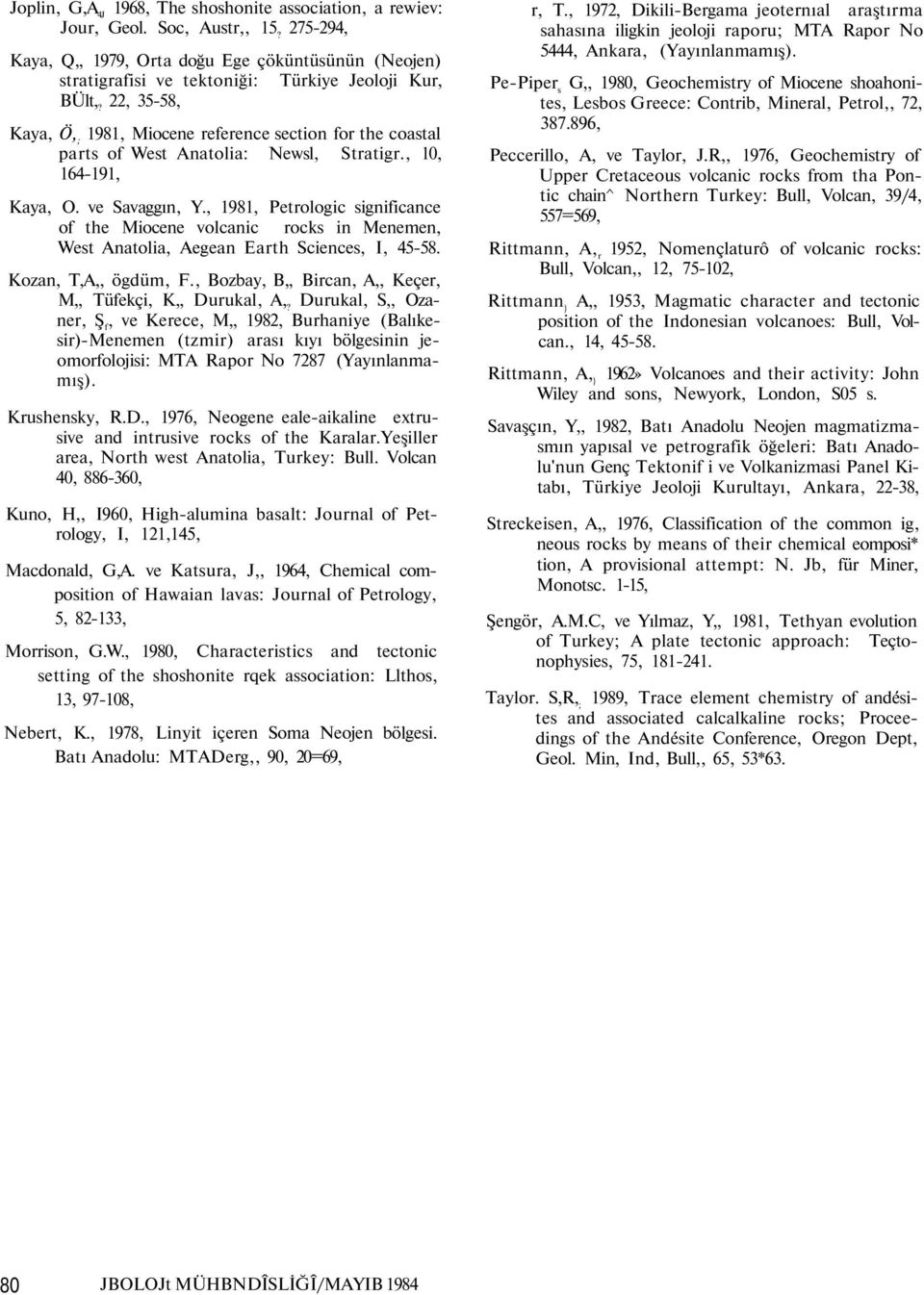 22, 35-58, Kaya, Ö, ; 1981, Miocene reference section for the coastal parts of West Anatolia: Newsl, Stratigr., 10, 164-191, Kaya, O. ve Savaggın, Y.