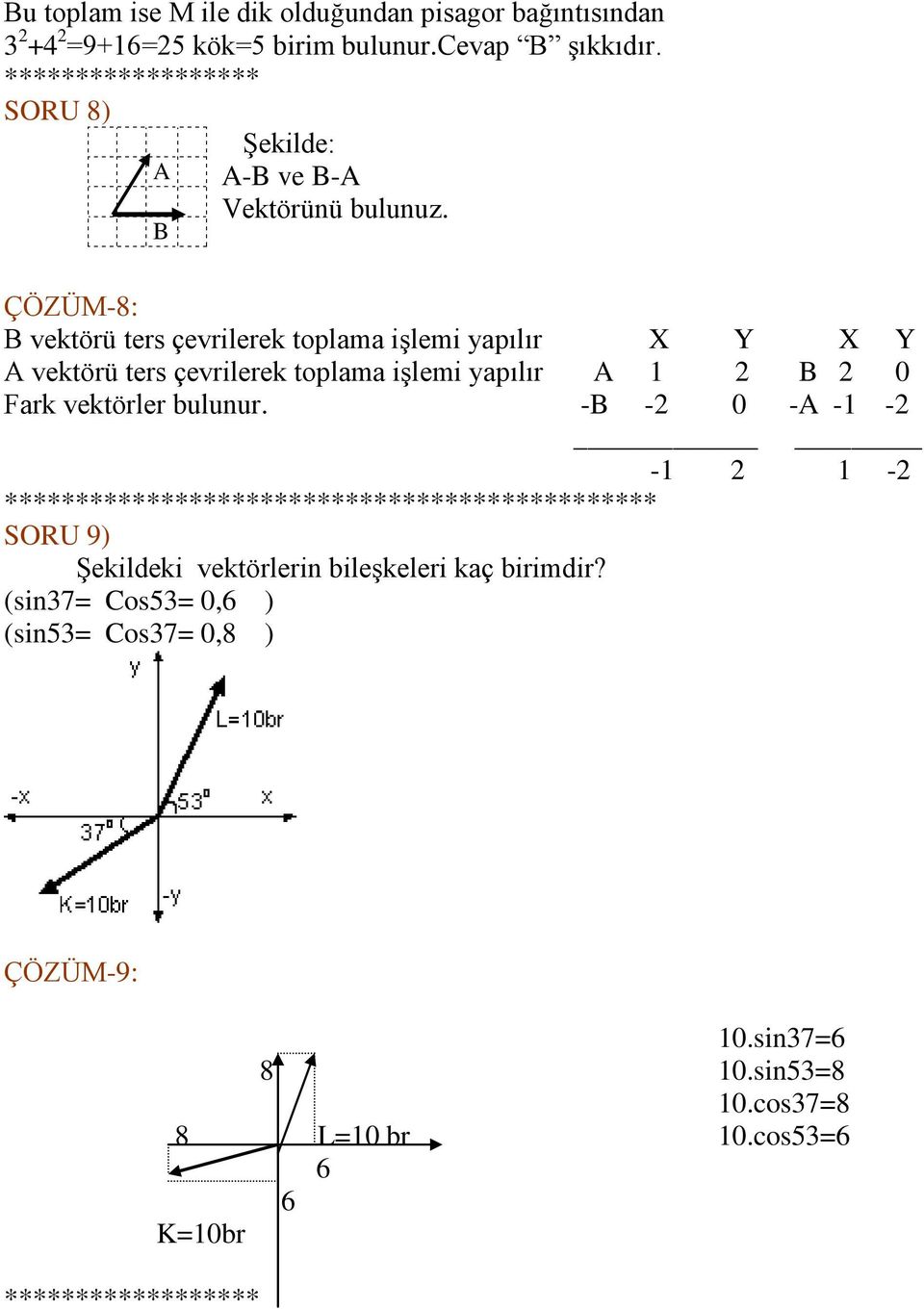 B ÇÖZÜM-8: B vektörü ters çevrilerek toplama işlemi yapılır X Y X Y A vektörü ters çevrilerek toplama işlemi yapılır A 1 2 B 2 0 Fark vektörler