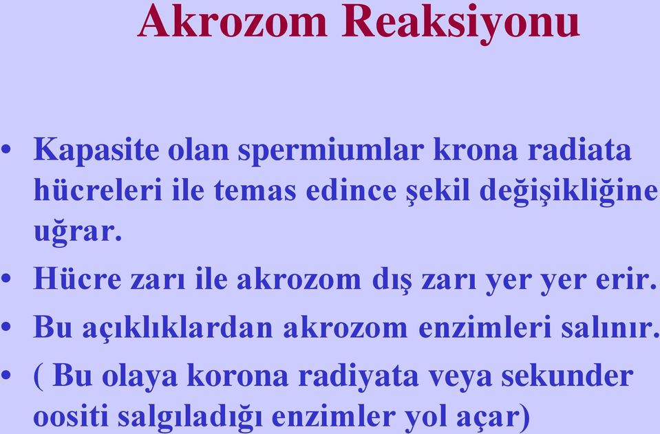 Hücre zarı ile akrozom dış zarı yer yer erir.