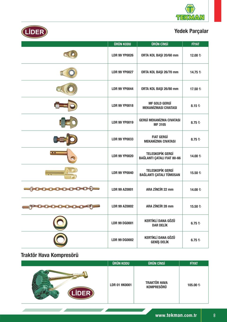 75 LDR 99 YP0020 TELESKOPİK GERGİ BAĞLANTI ÇATALI FIAT 80-66 14.00 LDR 99 YP0040 TELESKOPİK GERGİ BAĞLANTI ÇATALI TÜMOSAN 15.50 LDR 99 AZ0001 ARA ZİNCİR 22 mm 14.