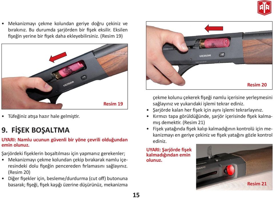 Şarjördeki fişeklerin boşaltılması için yapmanız gerekenler; Mekanizmayı çekme kolundan çekip bırakarak namlu içeresindeki dolu fişeğin pencereden fırlamasını sağlayınız.