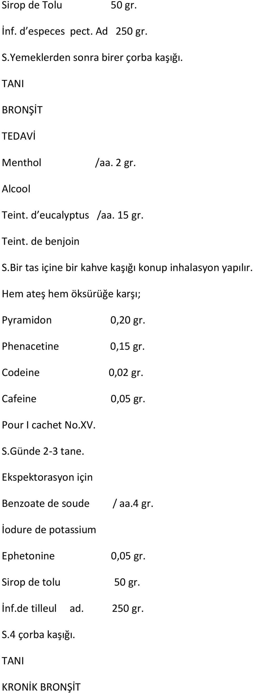 Hem ateş hem öksürüğe karşı; Pyramidon Phenacetine Codeine Cafeine 0,20 gr. 0,15 gr. 0,02 gr. 0,05 gr. Pour I cachet No.XV. S.