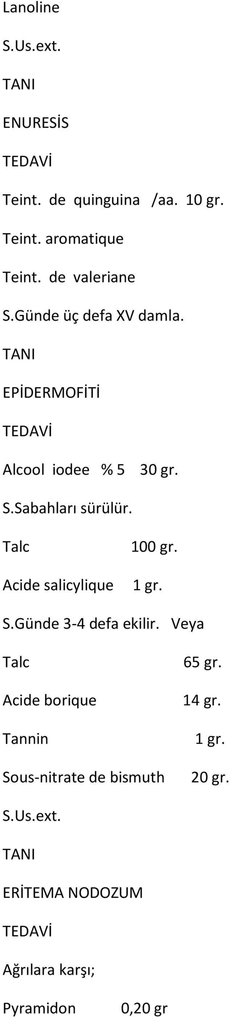 Talc 100 gr. Acide salicylique 1 gr. S.Günde 3-4 defa ekilir.