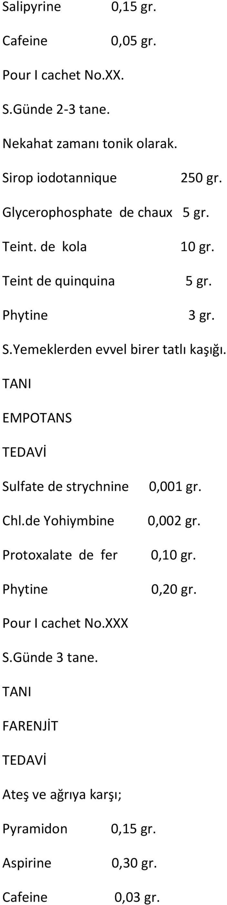 Yemeklerden evvel birer tatlı kaşığı. EMPOTANS Sulfate de strychnine 0,001 gr. Chl.