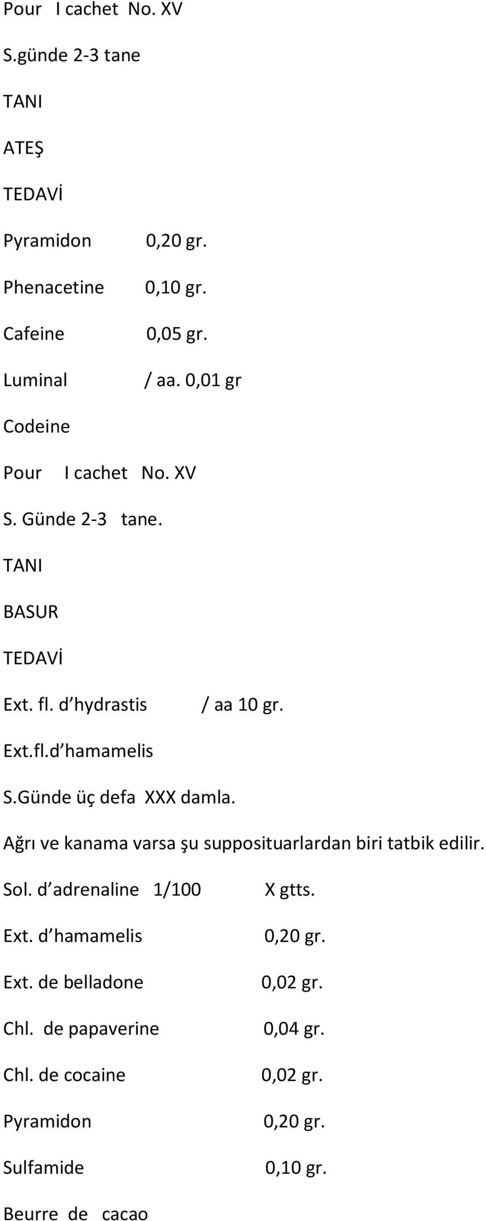 Günde üç defa XXX damla. Ağrı ve kanama varsa şu supposituarlardan biri tatbik edilir. Sol. d adrenaline 1/100 Ext.