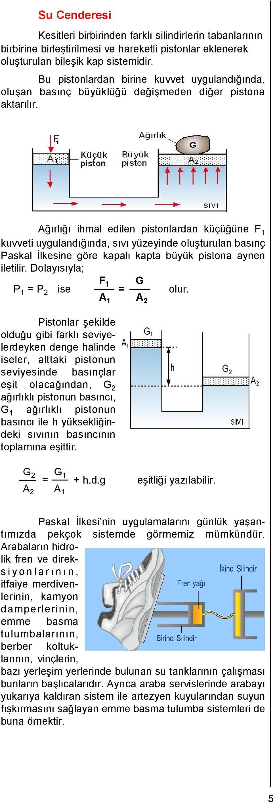 Ağırlığı imal eilen pistonlaran küçüğüne kuvveti uygulanığına, sıvı yüzeyine oluşturulan basınç askal İlkesine göre kapalı kapta büyük pistona aynen iletilir. Dolayısıyla; G = ise = olur.