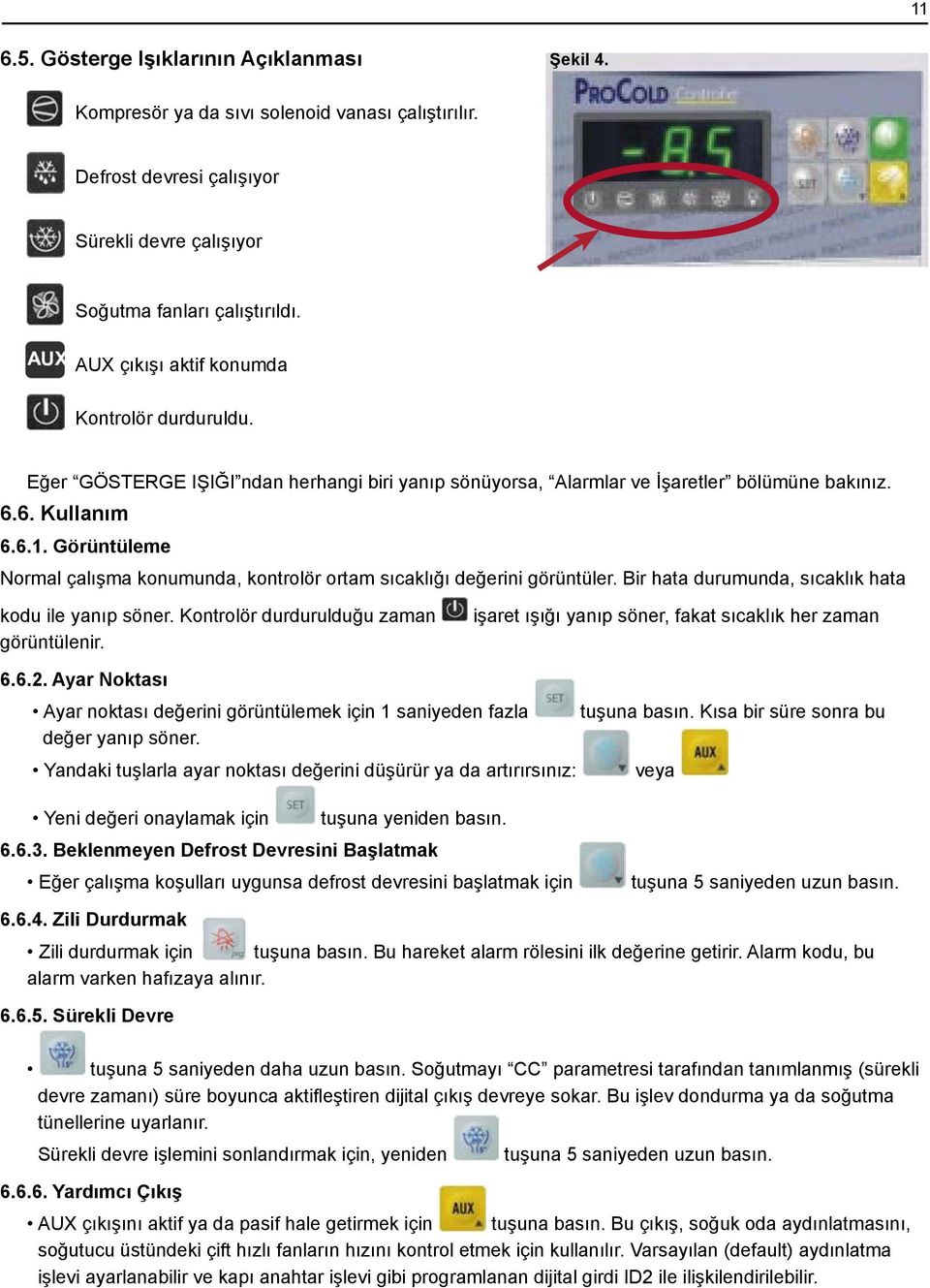 Görüntüleme Normal çalışma konumunda, kontrolör ortam sıcaklığı değerini görüntüler. Bir hata durumunda, sıcaklık hata kodu ile yanıp söner. Kontrolör durdurulduğu zaman görüntülenir.