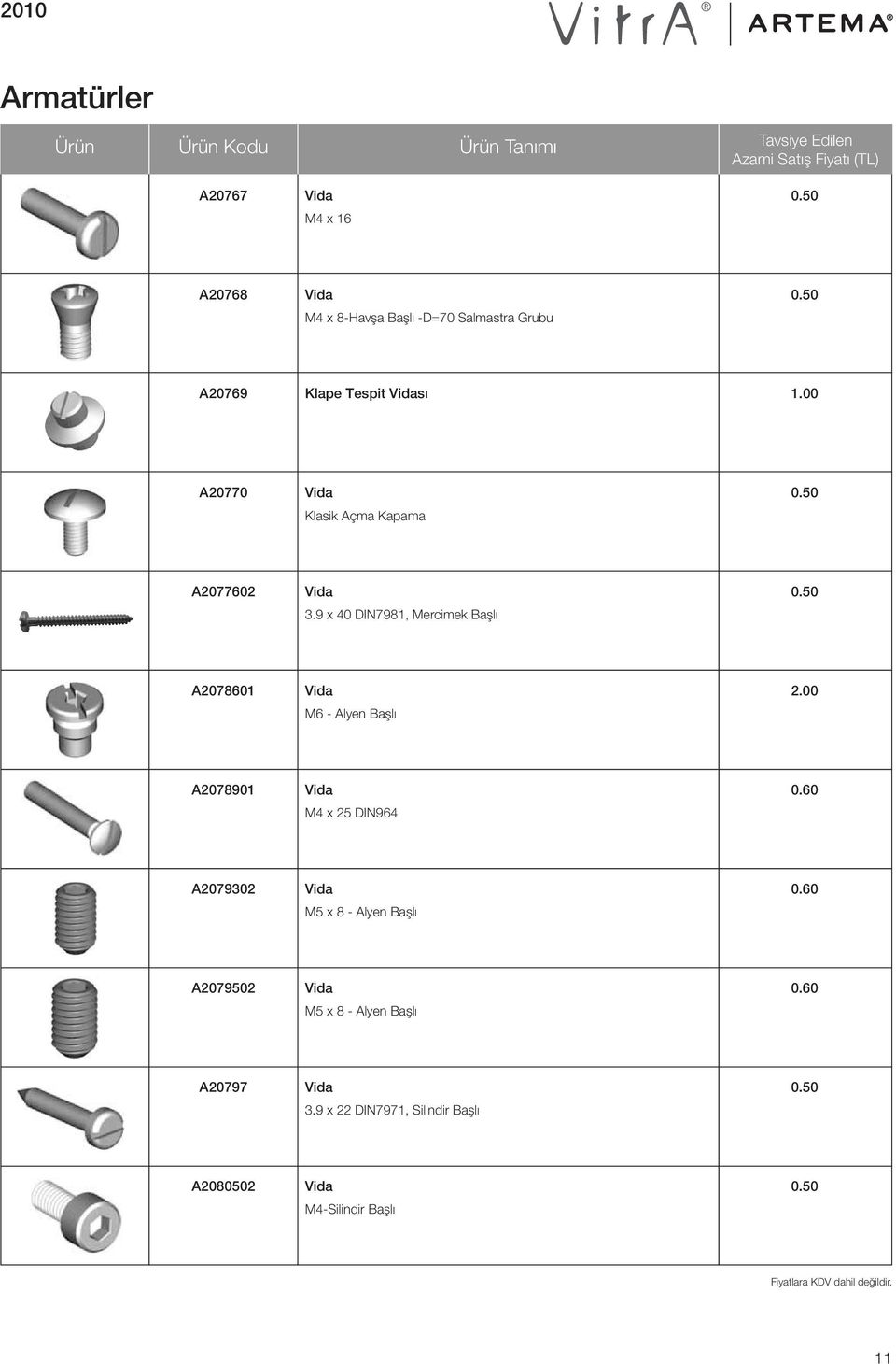 00 M6 - Alyen Başlı A2078901 Vida 0.60 M4 x 25 DIN964 A2079302 Vida 0.60 M5 x 8 - Alyen Başlı A2079502 Vida 0.