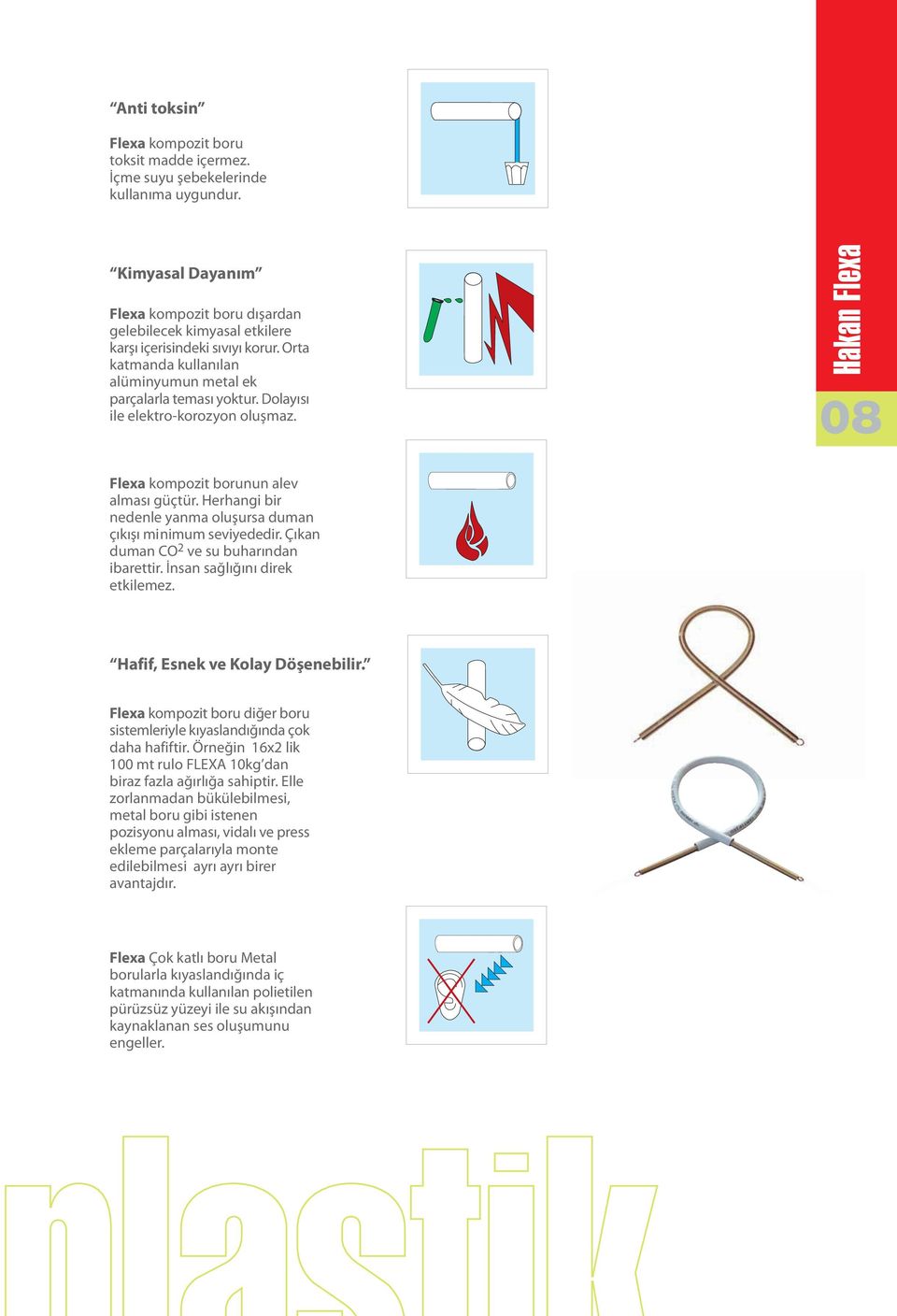 Dolayýsý ile elektro-korozyon oluþmaz. 08 Flexa kompozit borunun alev almasý güçtür. Herhangi bir nedenle yanma oluþursa duman çýkýþý minimum seviyededir. Çýkan duman CO 2 ve su buharýndan ibarettir.