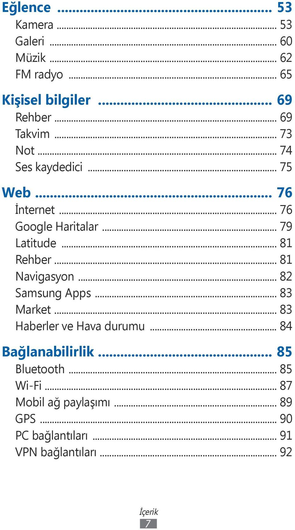 .. 81 Navigasyon... 82 Samsung Apps... 83 Market... 83 Haberler ve Hava durumu... 84 Bağlanabilirlik.