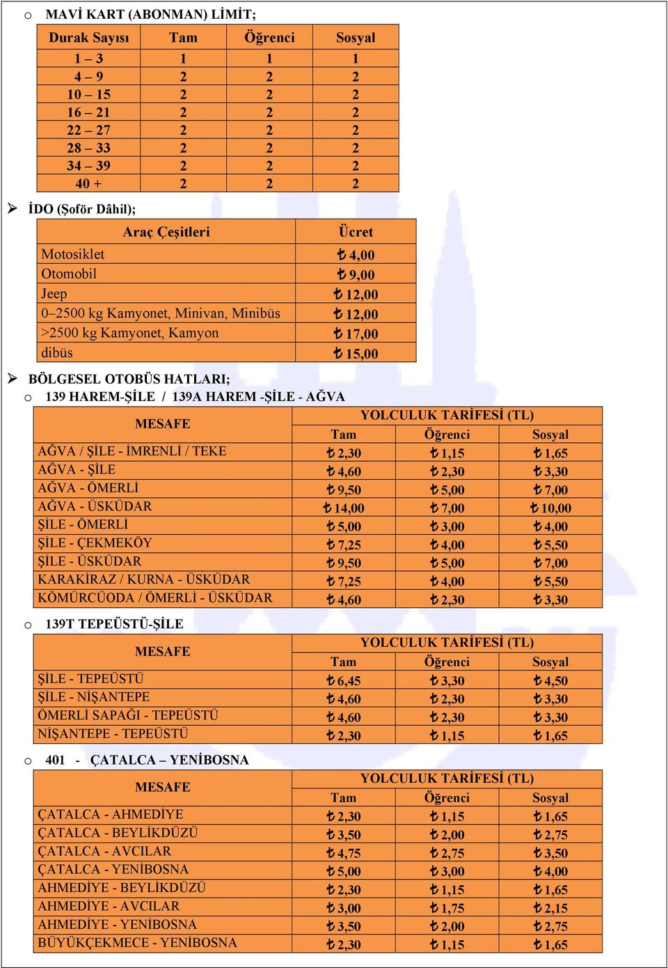 2,30 1,15 1,65 AĞVA - ŞİLE 4,60 2,30 3,30 AĞVA - ÖMERLİ 9,50 5,00 7,00 AĞVA - ÜSKÜDAR 14,00 7,00 10,00 ŞİLE - ÖMERLİ 5,00 3,00 4,00 ŞİLE - ÇEKMEKÖY 7,25 4,00 5,50 ŞİLE - ÜSKÜDAR 9,50 5,00 7,00